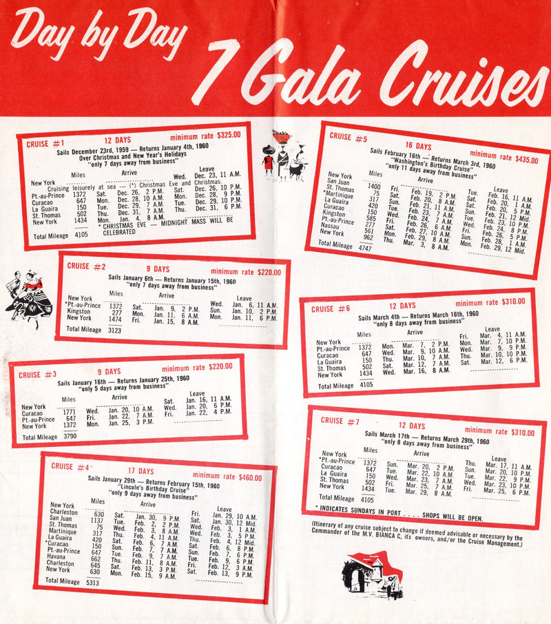 BIANCA C: 1949 - Cruise brochure w/ deck plan from 1959