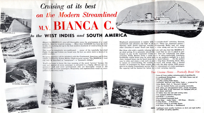 BIANCA C: 1949 - Cruise brochure w/ deck plan from 1959
