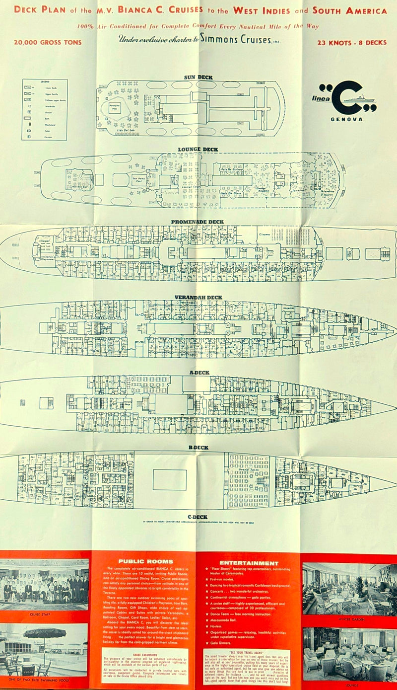 BIANCA C: 1949 - Cruise brochure w/ deck plan from 1959