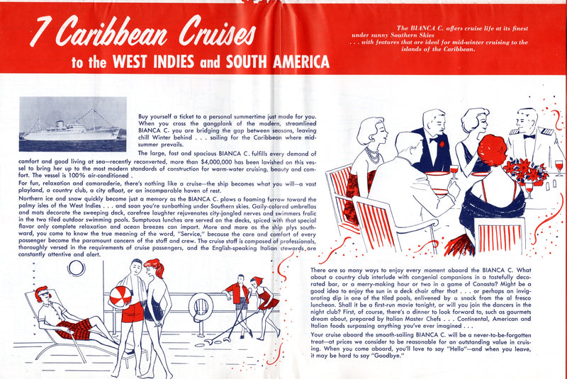 BIANCA C: 1949 - Very large 1959 cruise brochure w/ deck plans