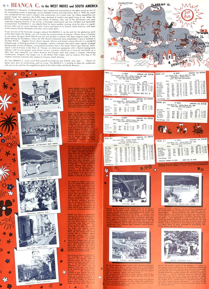 BIANCA C: 1949 - Very large 1959 cruise brochure w/ deck plans