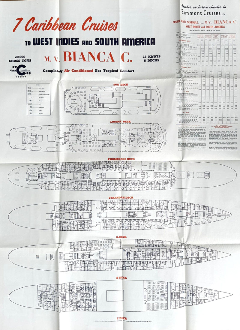 BIANCA C: 1949 - Very large 1959 cruise brochure w/ deck plans