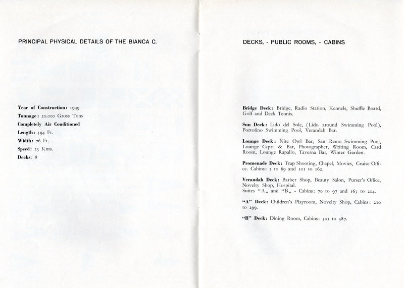 BIANCA C: 1949 - Cabin information booklet