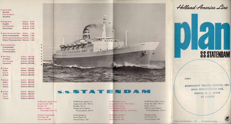 STATENDAM: 1957 - First & Tourist deck plan from 1964