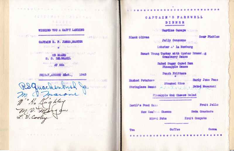 DELBRASIL: 1940 - Final, final Captain's Farewell Dinner menu from August 1943