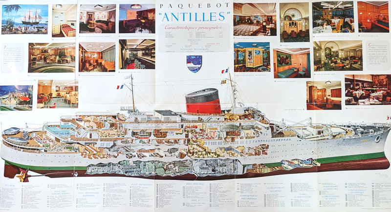 ANTILLES: 1953 - Big cutaway brochure w/ gorgeous color interior photos
