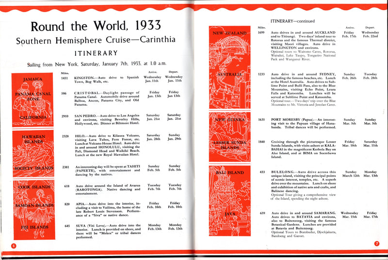 CARINTHIA: 1925 - Deluxe, 66-page 1933 Round the World Cruise brochure