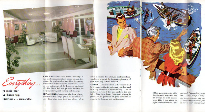 ALCOA CAVALIER, CLIPPER & CORSAIR - 1955 interiors & deck plan brochure w/ delightful illustrations
