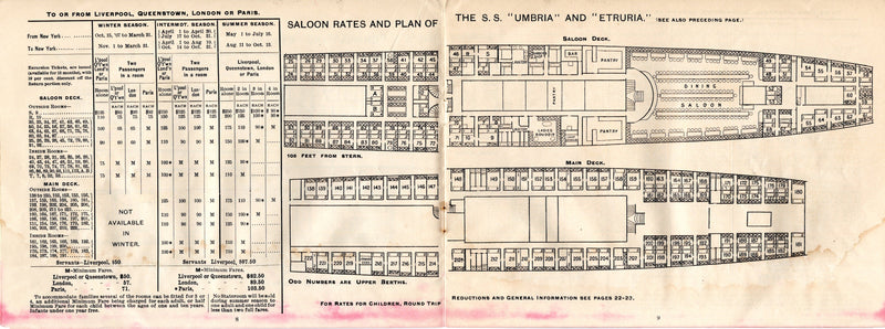 Various: pre-war - 1907-08 Cunard transatlantic fleet deck plans & rates