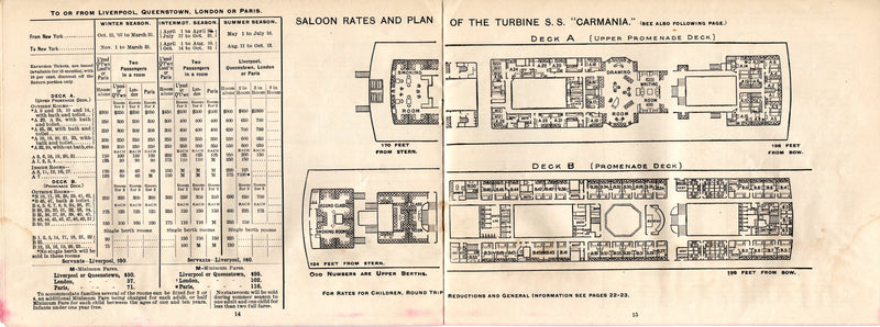 Various: pre-war - 1907-08 Cunard transatlantic fleet deck plans & rates