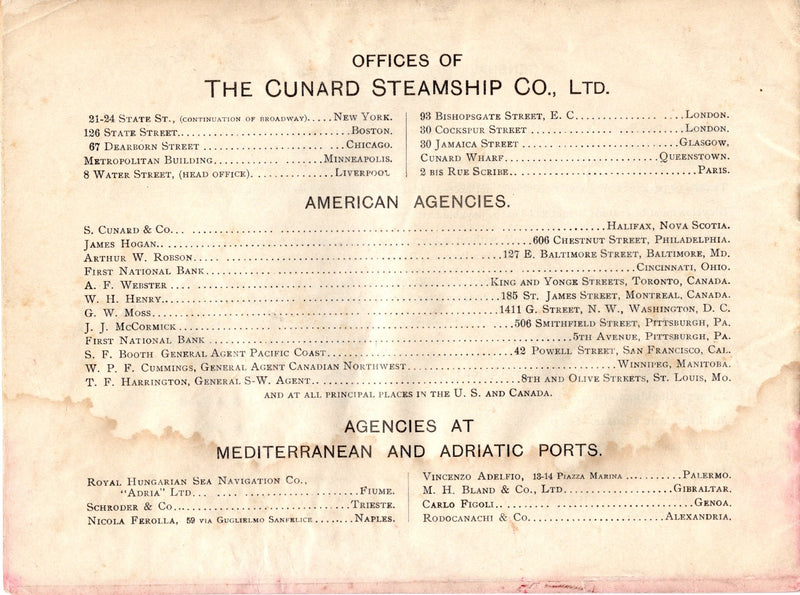 Various: pre-war - 1907-08 Cunard transatlantic fleet deck plans & rates