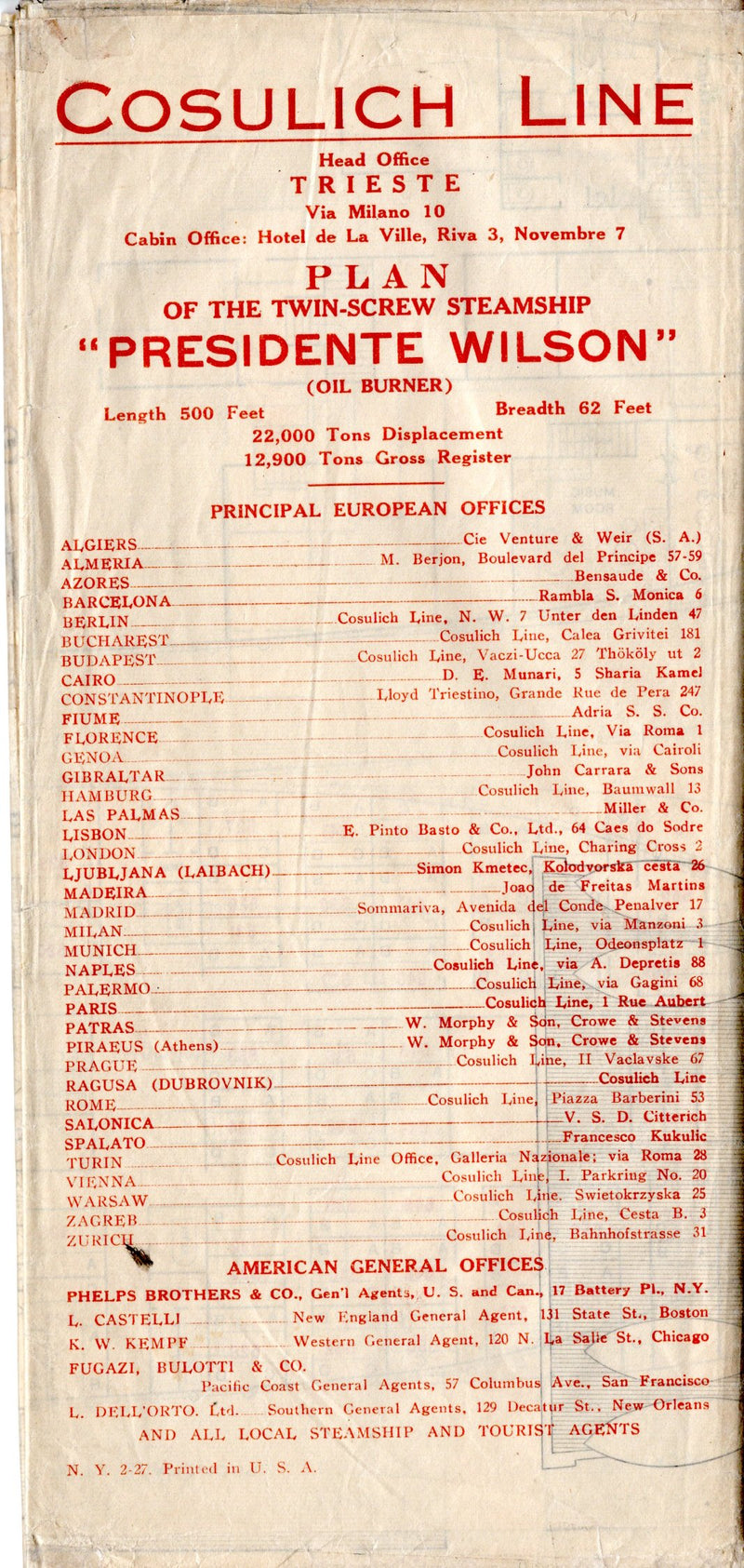 PRESIDENTE WILSON: 1912 - Tissue deck plan w/ 3 classes from 1927