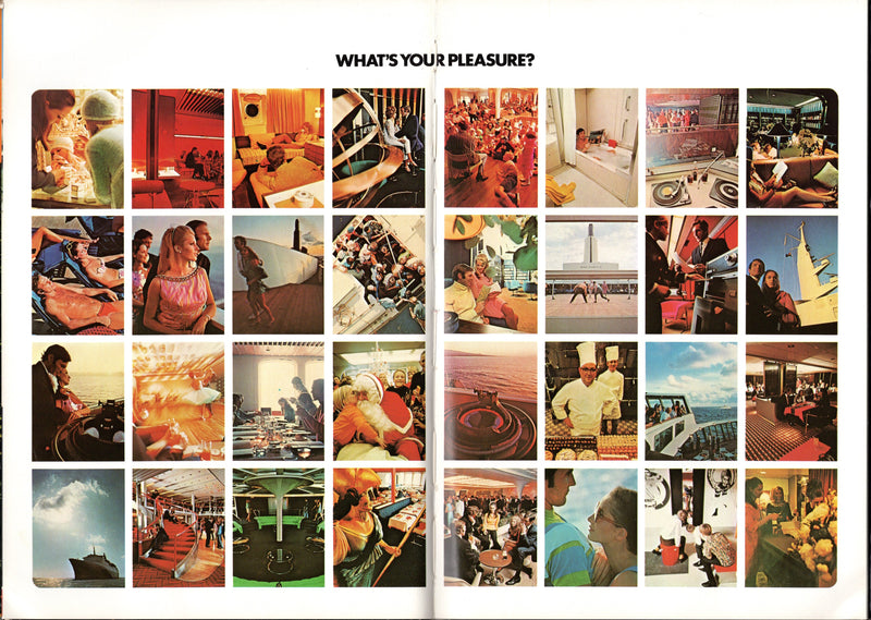 QE2: 1969 - Photo-filled "Pleasure Island" from 1969-70 w/ cutaway poster
