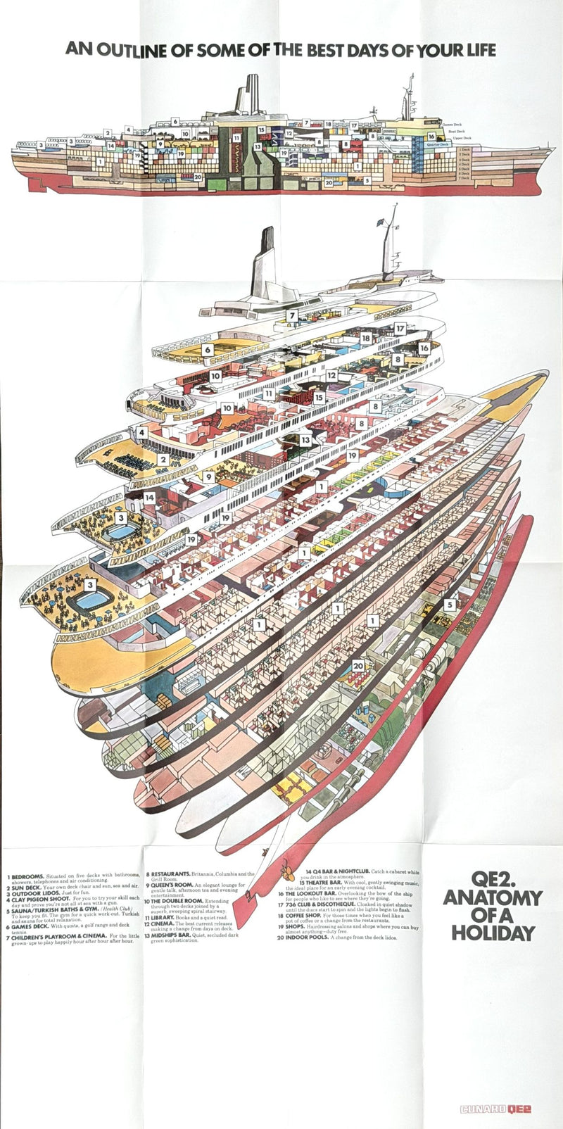 QE2: 1969 - Photo-filled "Pleasure Island" from 1969-70 w/ cutaway poster