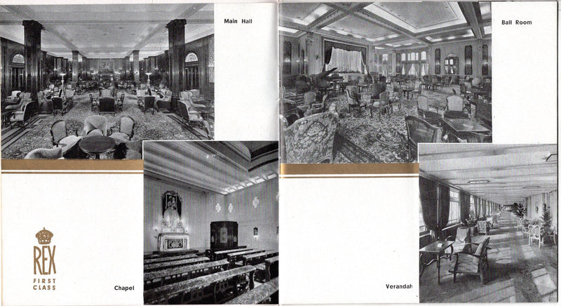 REX & CONTE DI SAVOIA: 1932 - Deluxe, little 3-class interiors brochure w/ gold trim