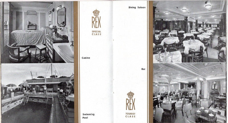 REX & CONTE DI SAVOIA: 1932 - Deluxe, little 3-class interiors brochure w/ gold trim