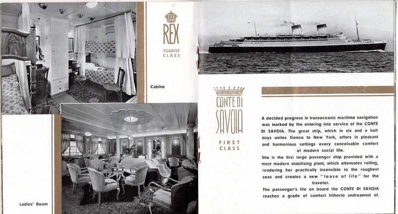 REX & CONTE DI SAVOIA: 1932 - Deluxe, little 3-class interiors brochure w/ gold trim