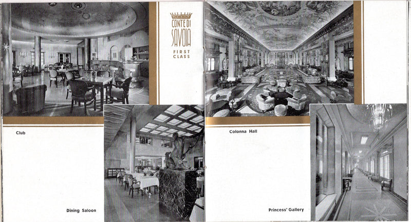 REX & CONTE DI SAVOIA: 1932 - Deluxe, little 3-class interiors brochure w/ gold trim