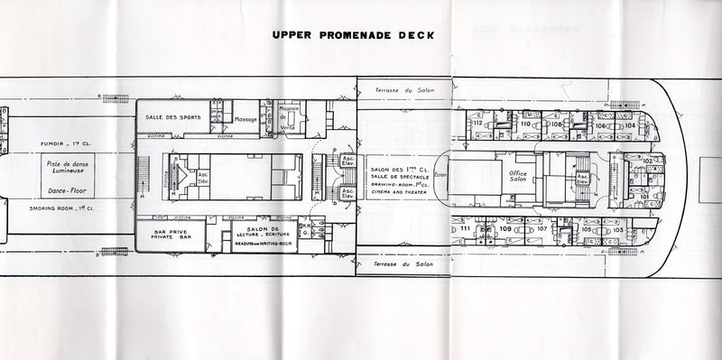 FLANDRE: 1952 - Deluxe First Class deck plan w/ interiors