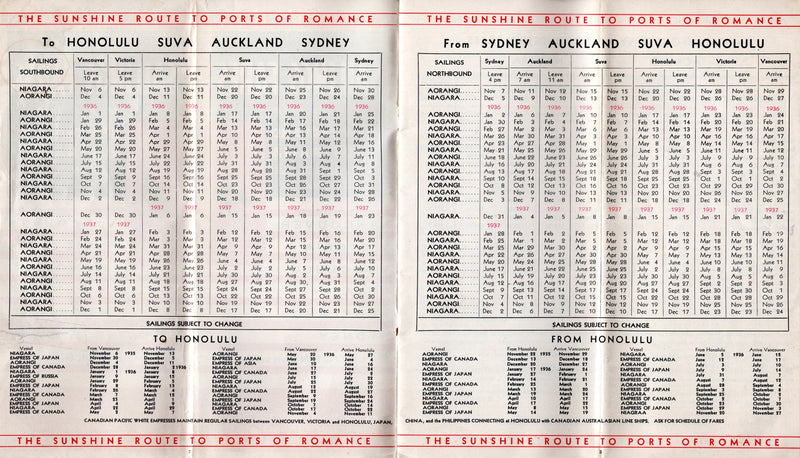 NIAGARA & AORANGI - Canadian Australasian Line sailings & fares brochure 1935