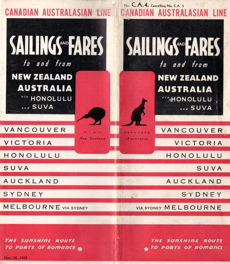 NIAGARA & AORANGI - Canadian Australasian Line sailings & fares brochure 1935