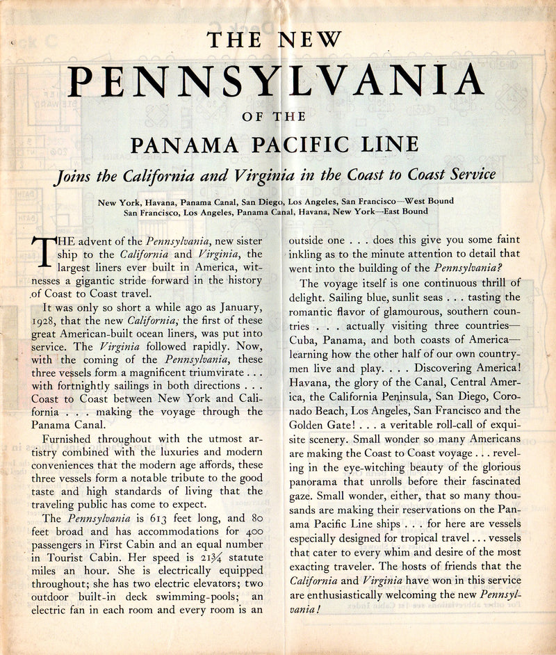 PENNSYLVANIA: 1929 - Deluxe pre-maiden deck plan w/ interiors