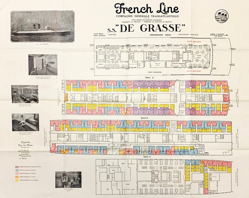 DE GRASSE: 1924 - Large & color-coded deck plan from 1930