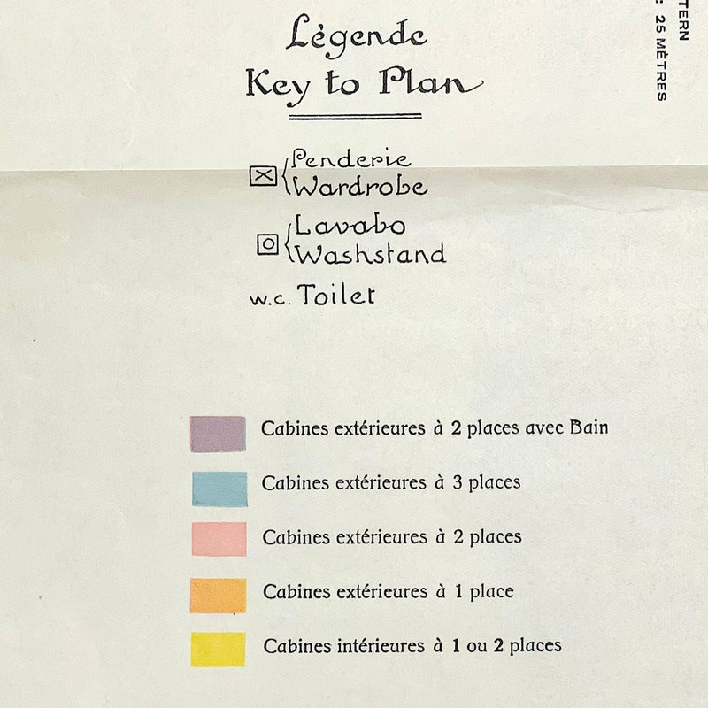 DE GRASSE: 1924 - Large & color-coded deck plan from 1930
