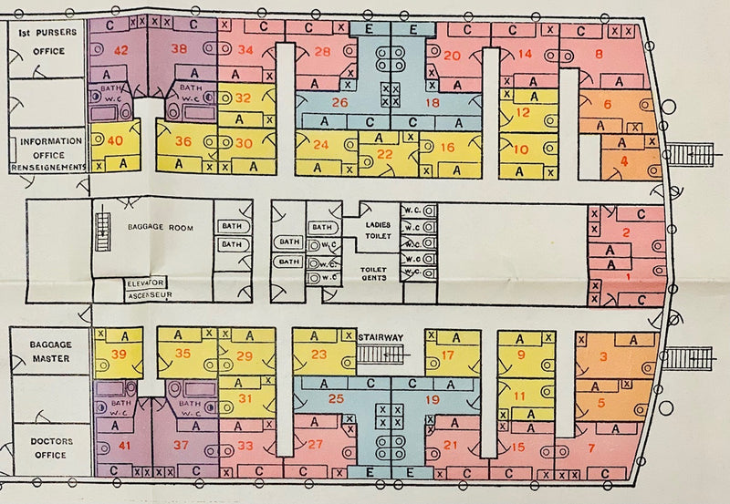 DE GRASSE: 1924 - Large & color-coded deck plan from 1930