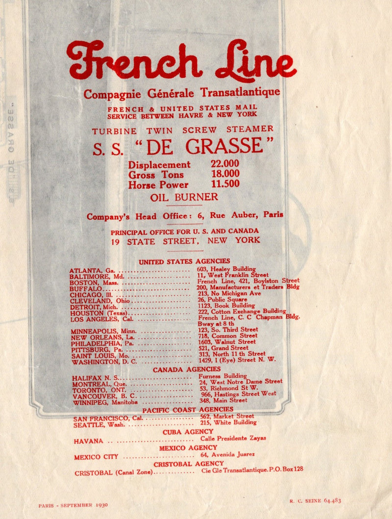 DE GRASSE: 1924 - Large & color-coded deck plan from 1930