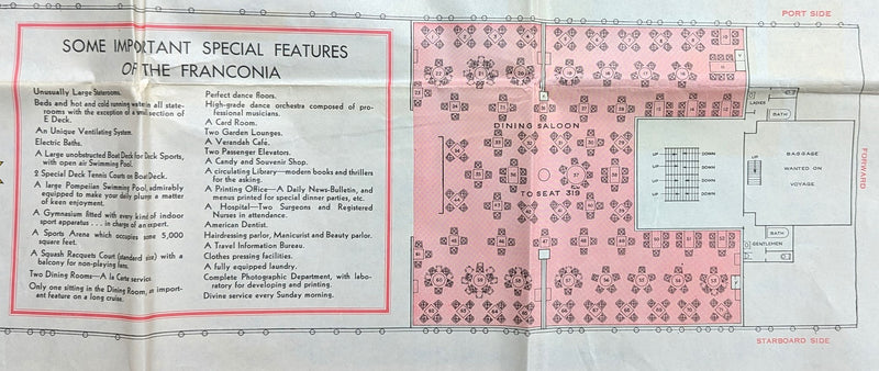 FRANCONIA: 1923 - Deluxe, deco 1931 World Cruise brochure w/ separate deck plans