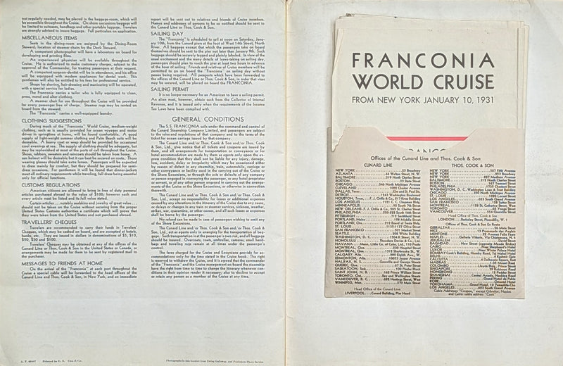 FRANCONIA: 1923 - Deluxe, deco 1931 World Cruise brochure w/ separate deck plans