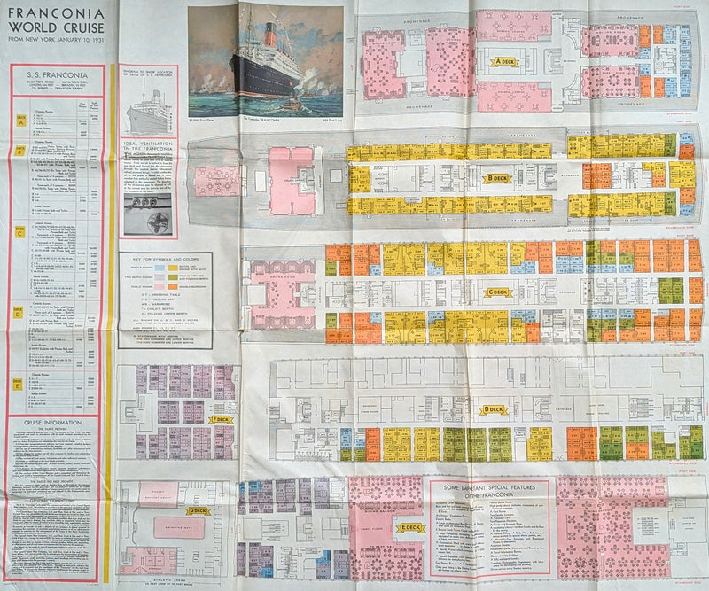 FRANCONIA: 1923 - Deluxe, deco 1931 World Cruise brochure w/ separate deck plans