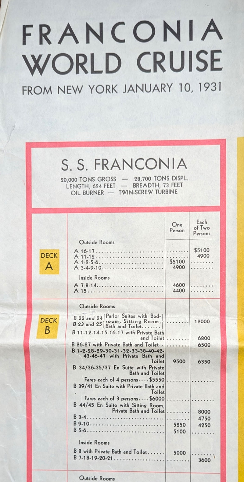 FRANCONIA: 1923 - Deluxe, deco 1931 World Cruise brochure w/ separate deck plans