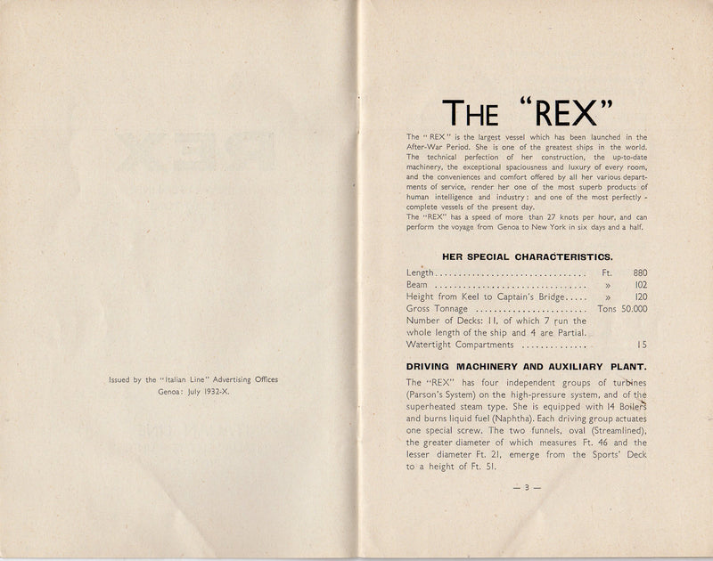 REX: 1932 - Special agency info brochure w/ fold-out deck plans
