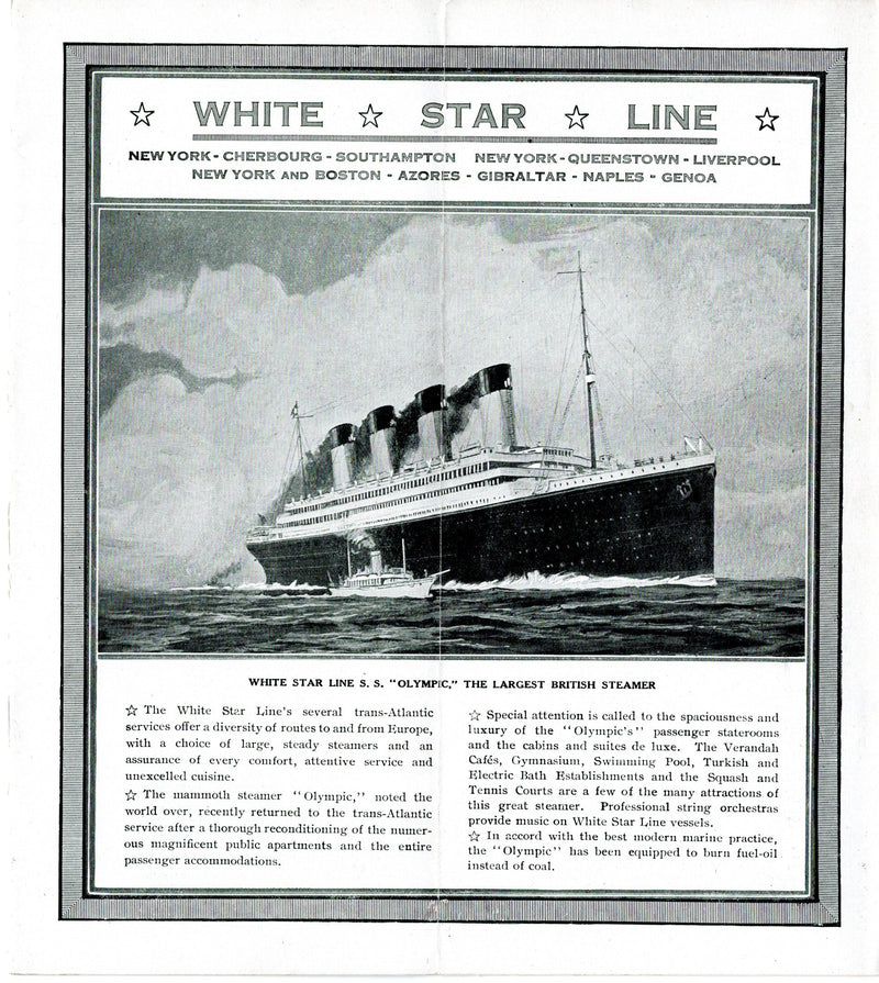 OLYMPIC: 1911 - 1920 White Star Line First Class rates brochure