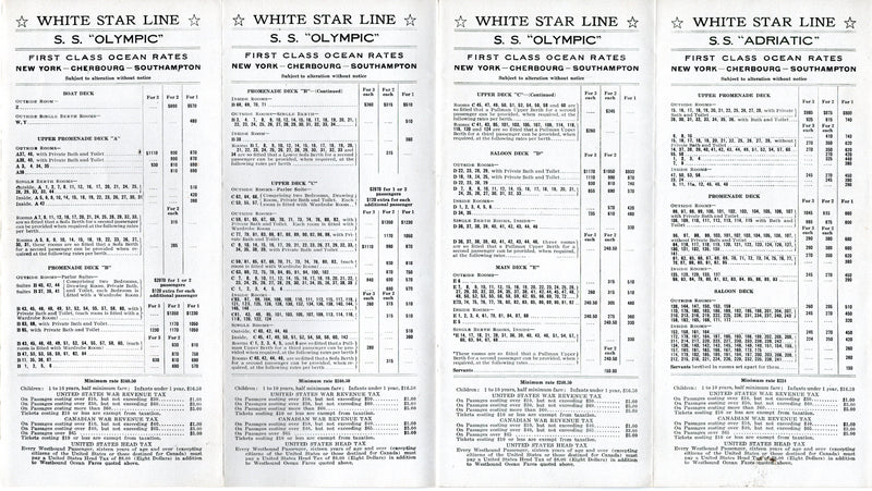 OLYMPIC: 1911 - 1920 White Star Line First Class rates brochure