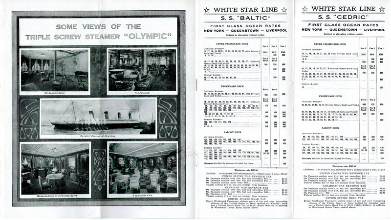 OLYMPIC: 1911 - 1920 White Star Line First Class rates brochure
