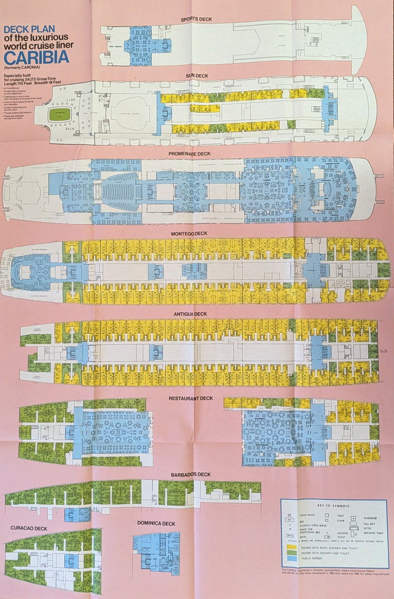 CARIBIA: 1949 - Brochure & deck plan from short, disastrous career