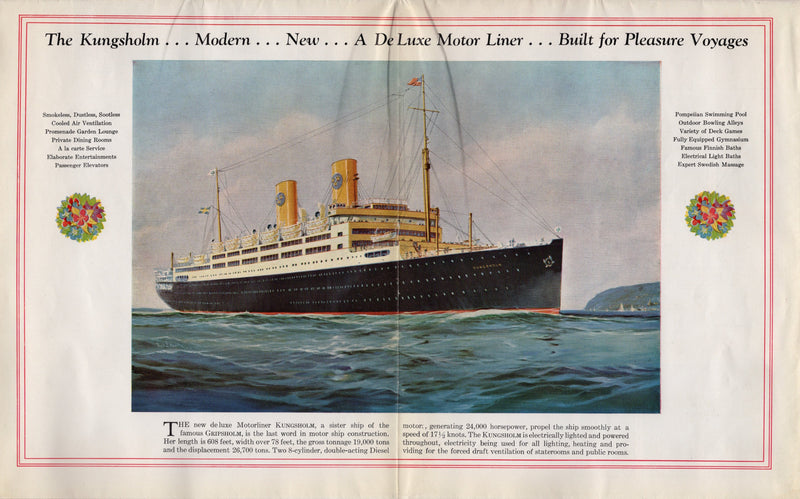 KUNGSHOLM: 1928 - Big 1929 cruise brochure w/ deck plans & color interiors