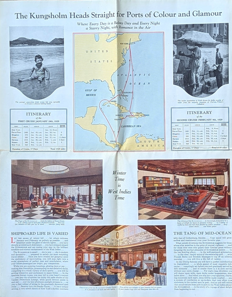 KUNGSHOLM: 1928 - Big 1929 cruise brochure w/ deck plans & color interiors