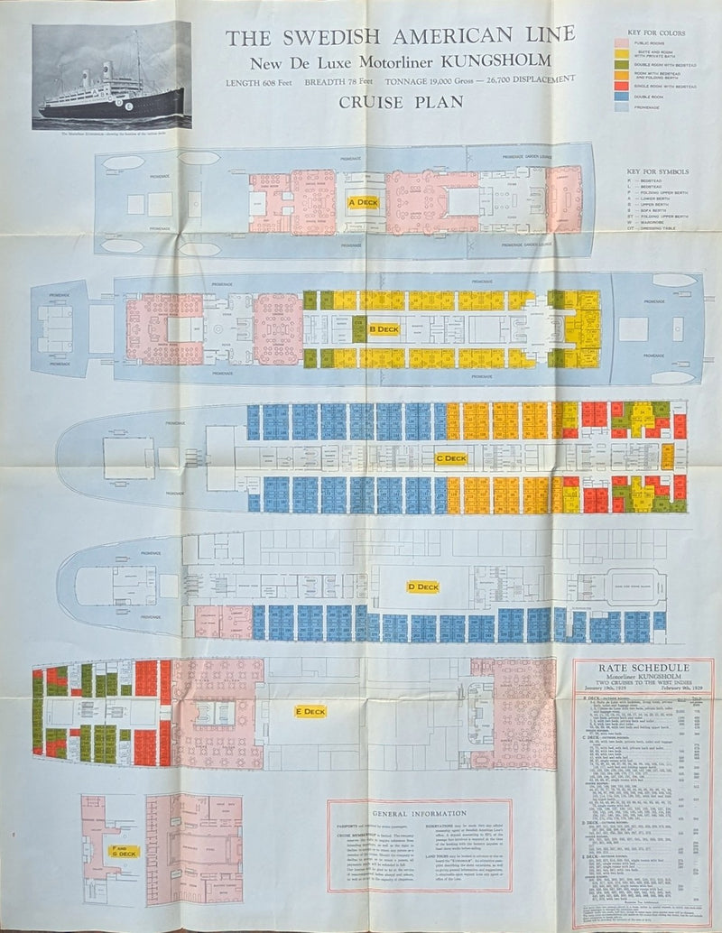 KUNGSHOLM: 1928 - Big 1929 cruise brochure w/ deck plans & color interiors