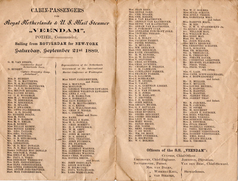 VEENDAM: 1871 - Rare 1889 First Class passenger list