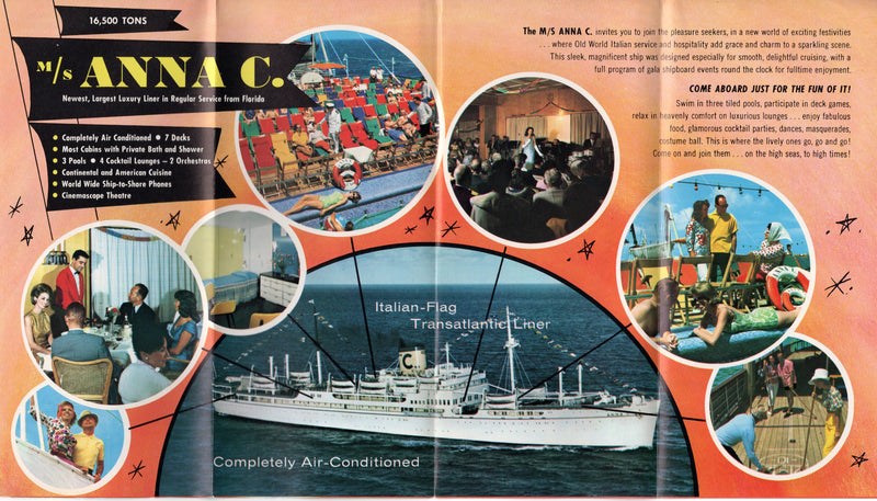 ANNA C: 1929 - Colorful cruise brochure w/ plans from 1964