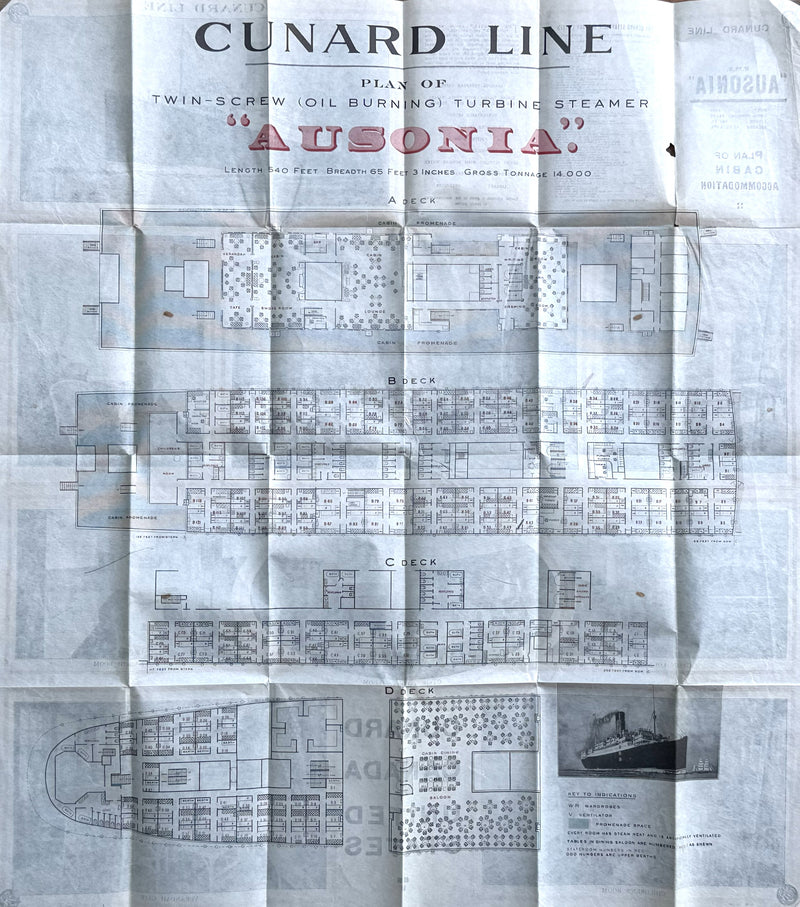 AUSONIA: 1921 - Cabin Class tissue deck plan w/ large interior photos