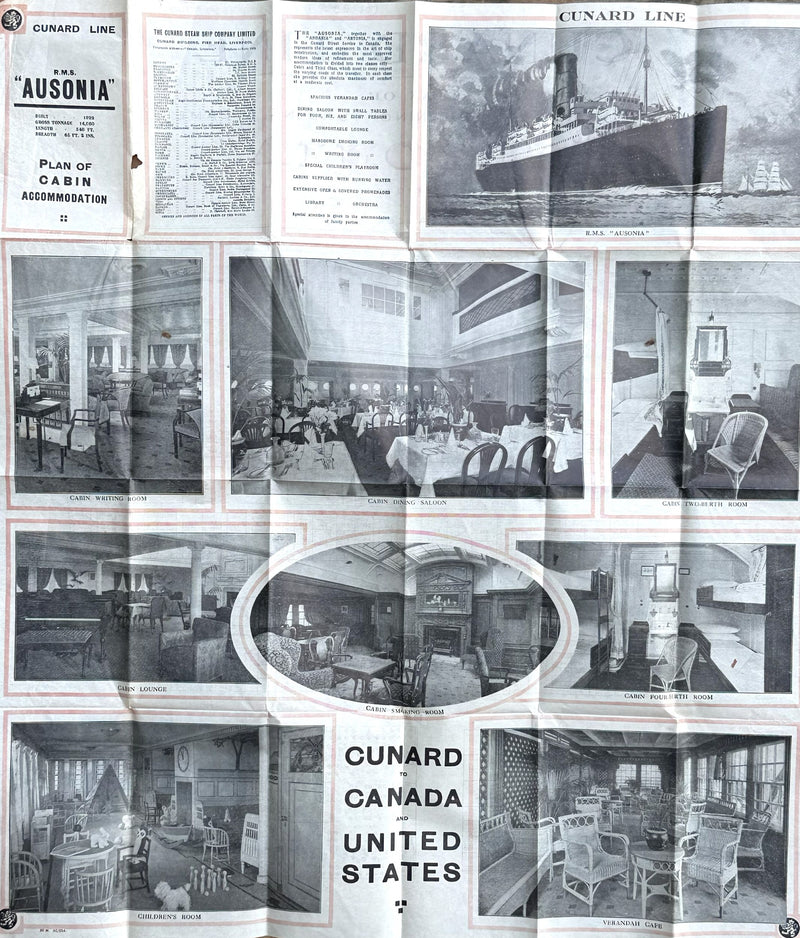 AUSONIA: 1921 - Cabin Class tissue deck plan w/ large interior photos