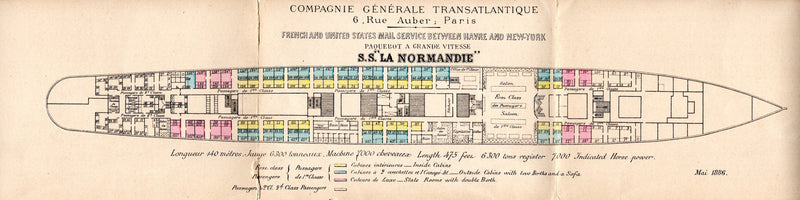 LA NORMANDIE: 1883 - Color-coded deck plan from 1886
