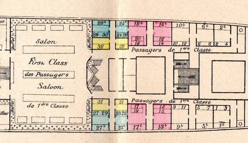 LA NORMANDIE: 1883 - Color-coded deck plan from 1886
