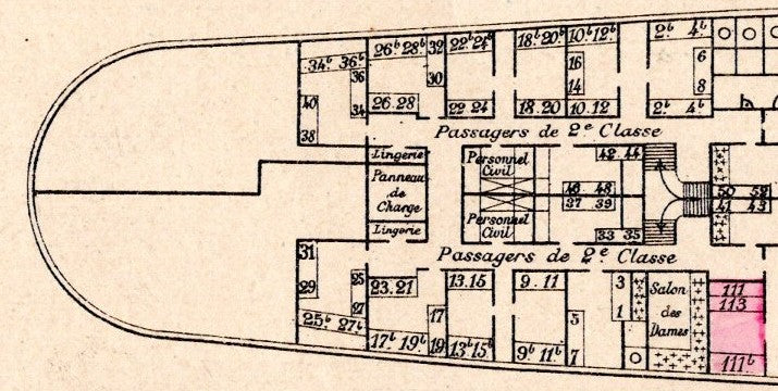 LA NORMANDIE: 1883 - Color-coded deck plan from 1886