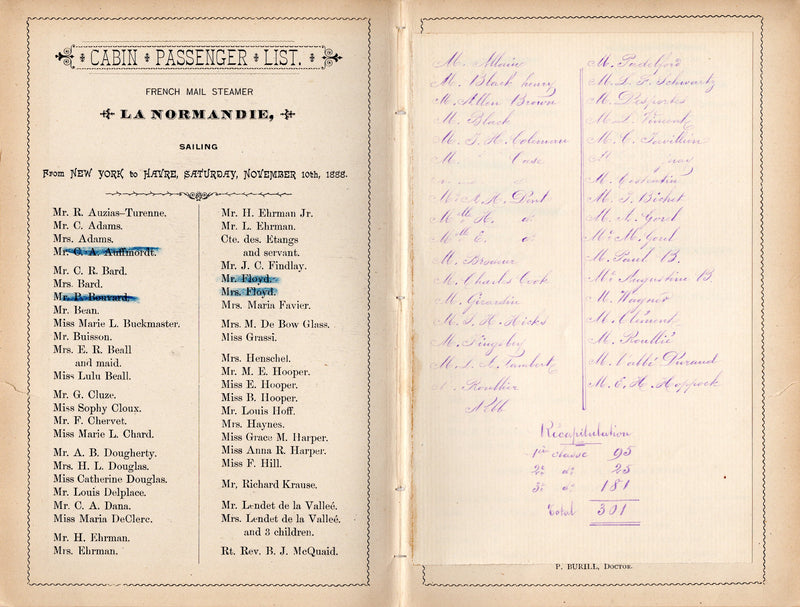 LA NORMANDIE: 1883 - First Class pax list from 1888 w/ lovely graphics